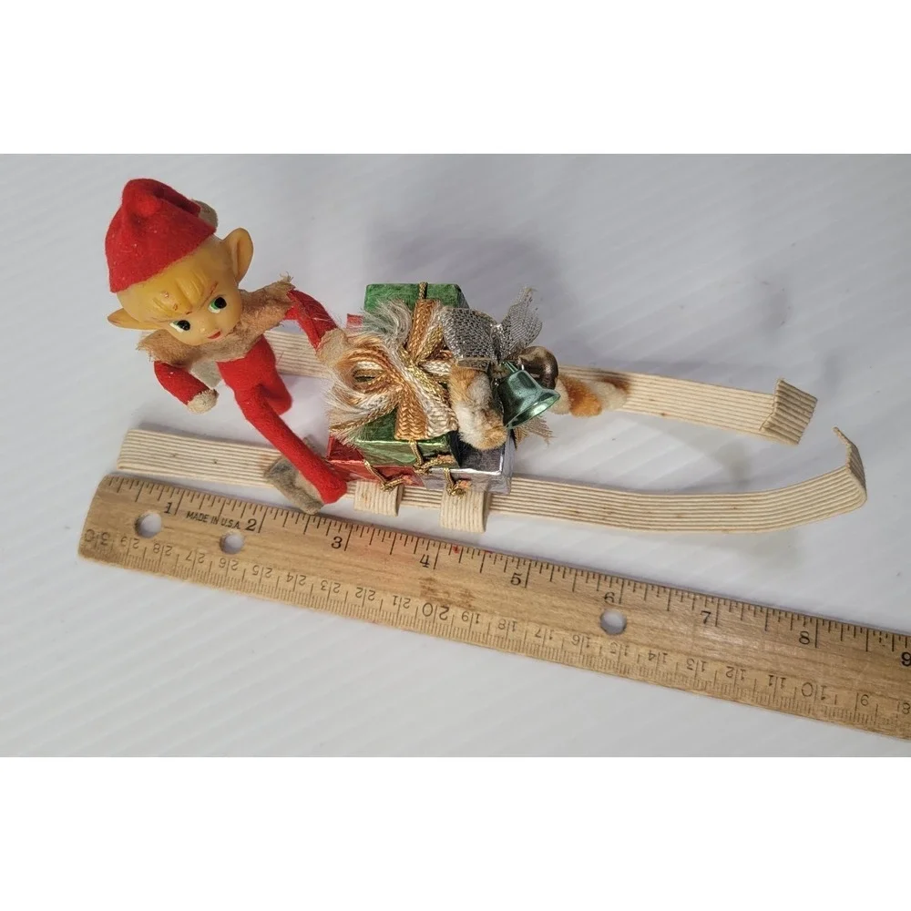 Vintage Pixie Elf Doll on Sleigh Christmas Decoration 8